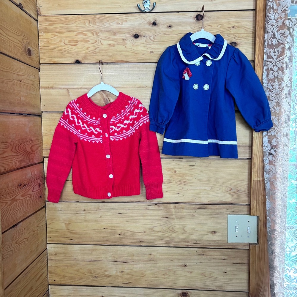Vintage Hand Knit Sweater Corduroy Jacket Set Toddler Girls 12 18 Month Bundle